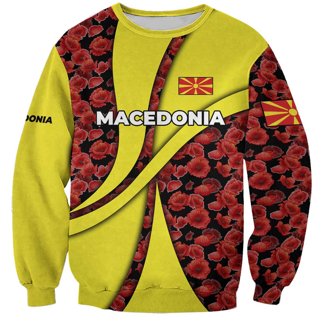 Macedonia Sweatshirt with Red Poppy Flower and Curved Panel Design - Wonder Print Shop