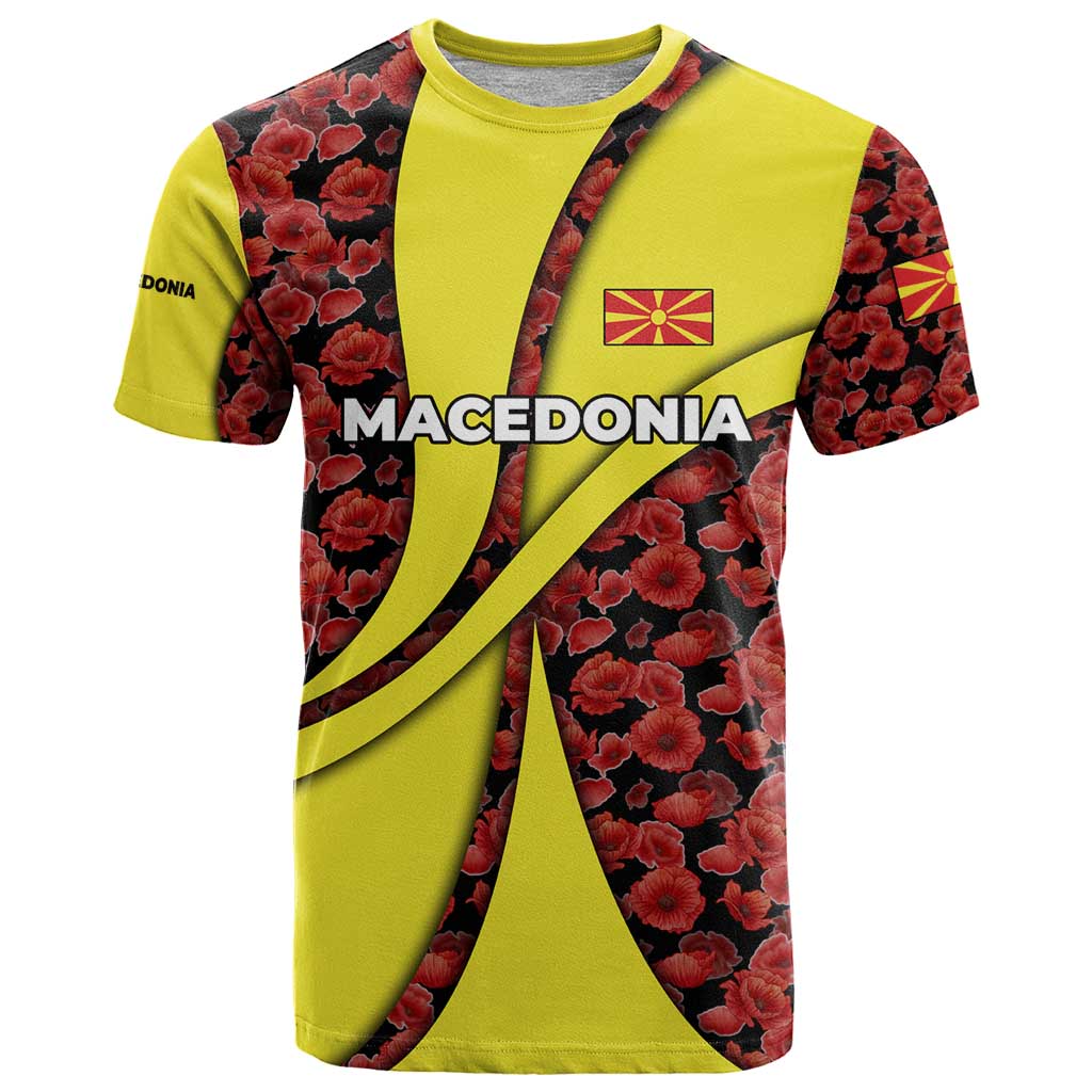 Macedonia T Shirt with Red Poppy Flower and Curved Panel Design - Wonder Print Shop