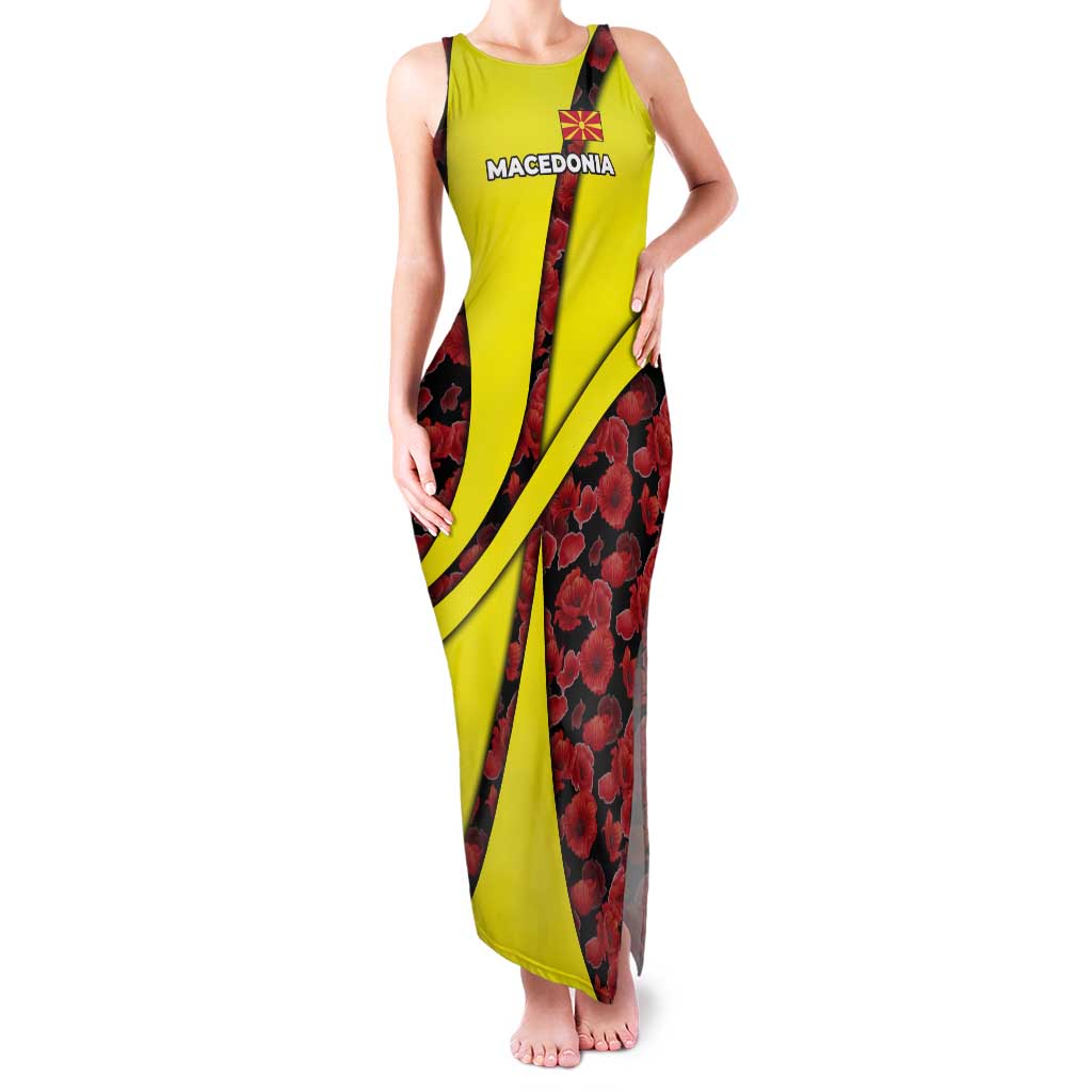 Macedonia Tank Maxi Dress with Red Poppy Flower and Curved Panel Design - Wonder Print Shop