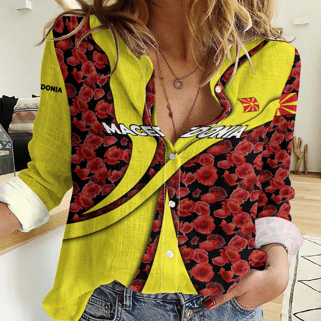 Macedonia Women Casual Shirt with Red Poppy Flower and Curved Panel Design - Wonder Print Shop