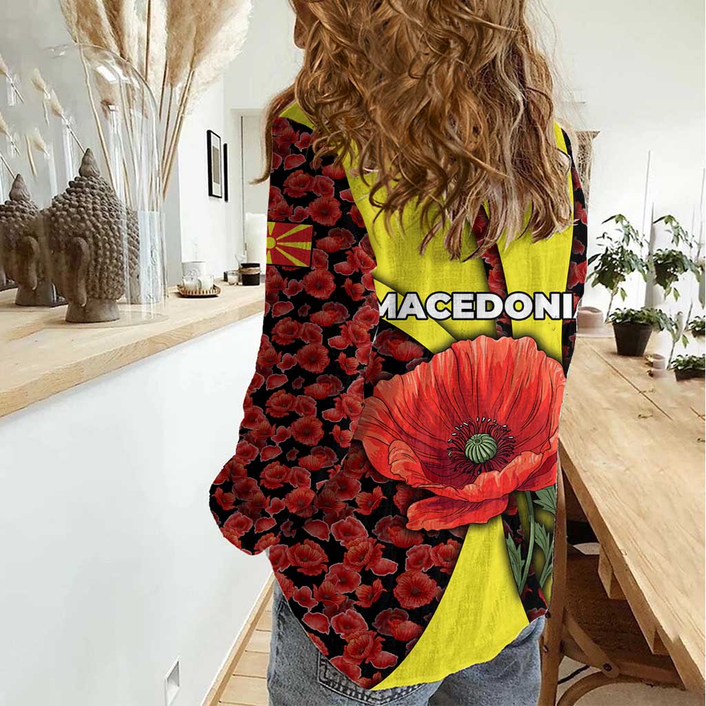 Macedonia Women Casual Shirt with Red Poppy Flower and Curved Panel Design - Wonder Print Shop