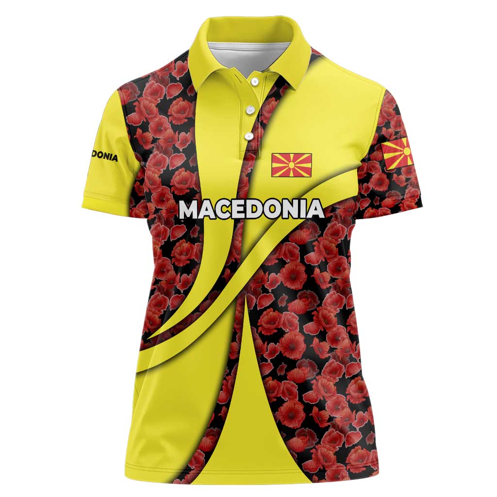 Macedonia Women Polo Shirt with Red Poppy Flower and Curved Panel Design - Wonder Print Shop