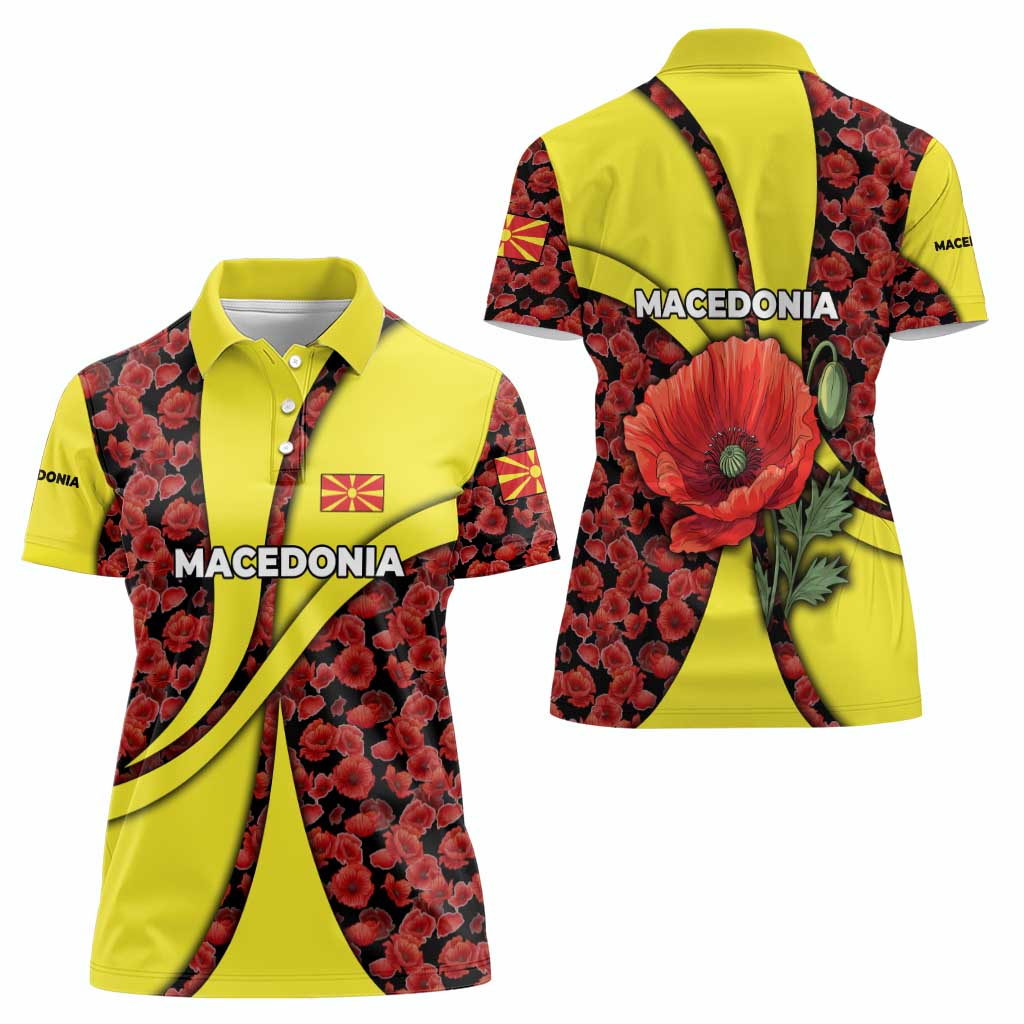 Macedonia Women Polo Shirt with Red Poppy Flower and Curved Panel Design - Wonder Print Shop