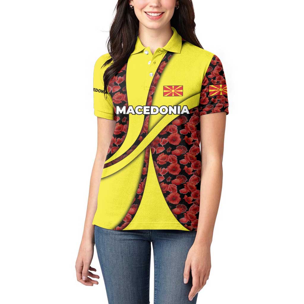 Macedonia Women Polo Shirt with Red Poppy Flower and Curved Panel Design - Wonder Print Shop