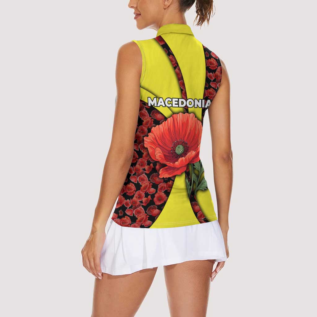 Macedonia Women Sleeveless Polo Shirt with Red Poppy Flower and Curved Panel Design - Wonder Print Shop