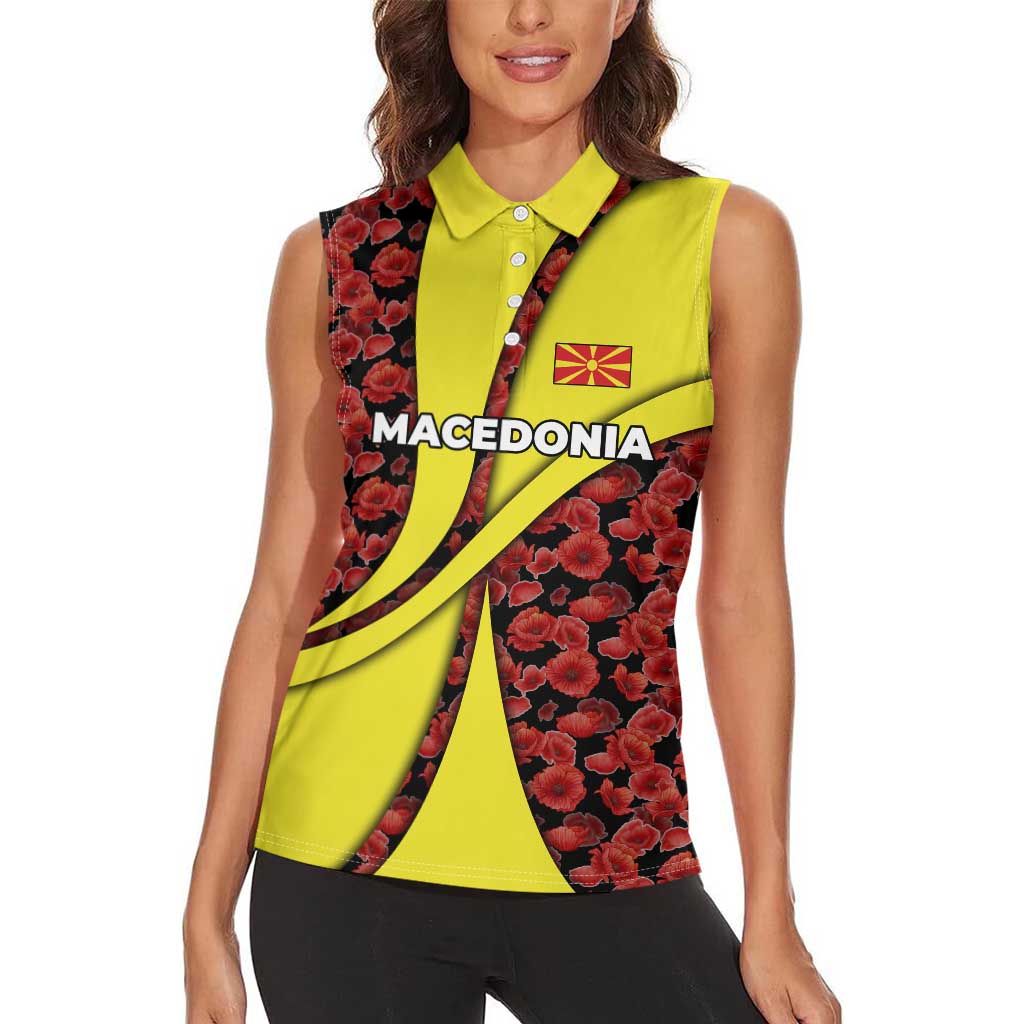 Macedonia Women Sleeveless Polo Shirt with Red Poppy Flower and Curved Panel Design - Wonder Print Shop