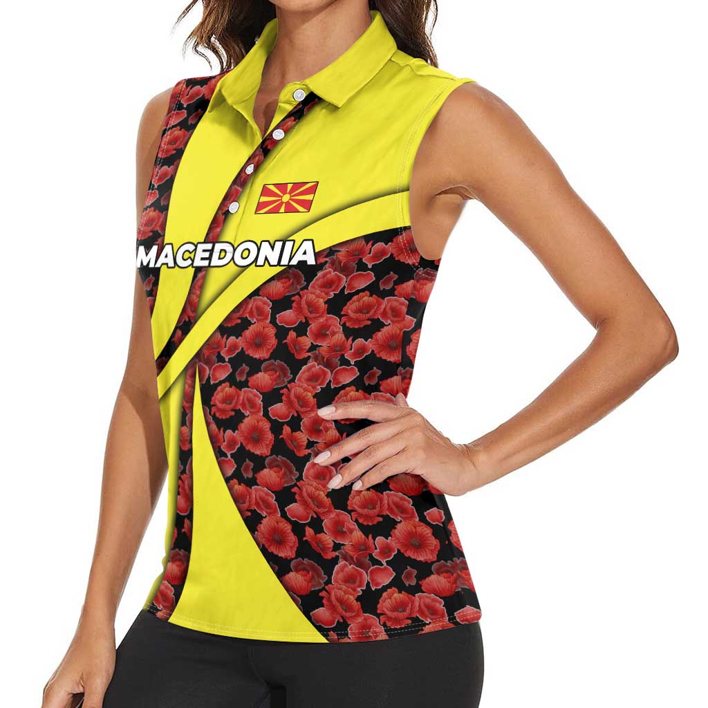 Macedonia Women Sleeveless Polo Shirt with Red Poppy Flower and Curved Panel Design - Wonder Print Shop