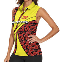 Macedonia Women Sleeveless Polo Shirt with Red Poppy Flower and Curved Panel Design - Wonder Print Shop