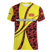Macedonia Women V-Neck T-Shirt with Red Poppy Flower and Curved Panel Design - Wonder Print Shop