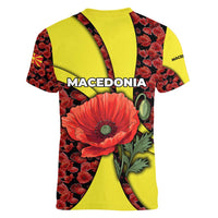 Macedonia Women V-Neck T-Shirt with Red Poppy Flower and Curved Panel Design - Wonder Print Shop