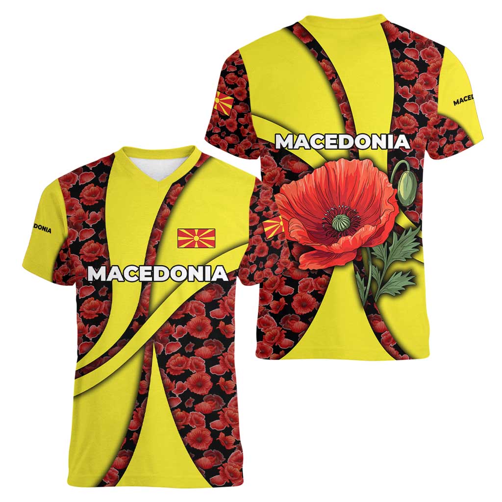 Macedonia Women V-Neck T-Shirt with Red Poppy Flower and Curved Panel Design - Wonder Print Shop