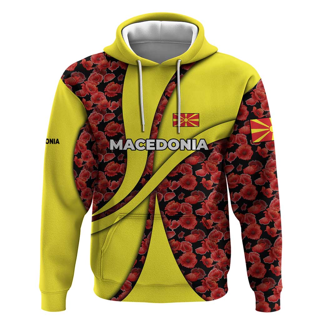 Macedonia Zip Hoodie with Red Poppy Flower and Curved Panel Design - Wonder Print Shop