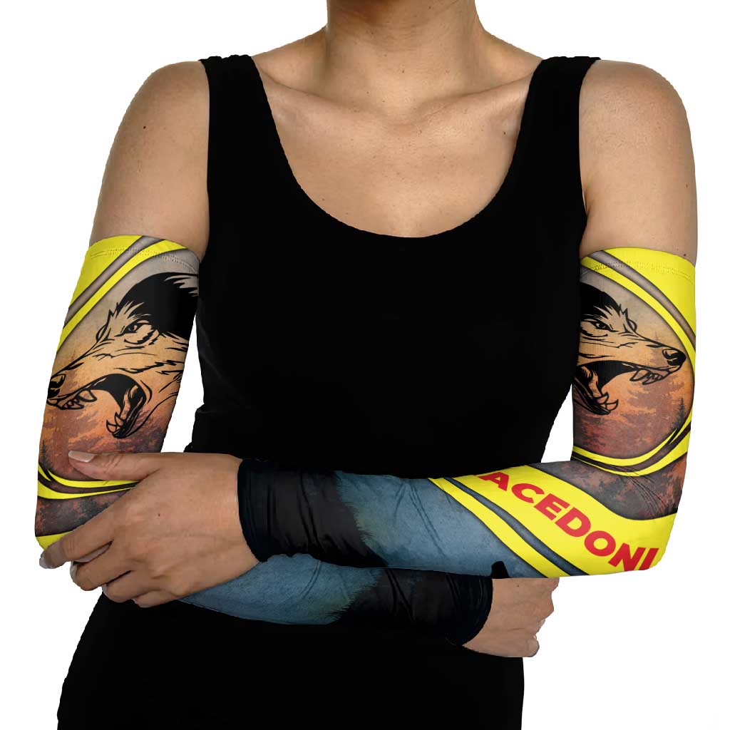 Macedonia Arm Sleeves with Forest Wolf and Sunset Silhouette Design - Wonder Print Shop
