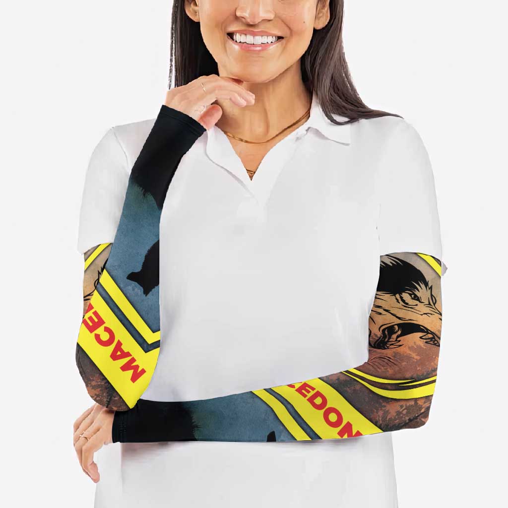 Macedonia Arm Sleeves with Forest Wolf and Sunset Silhouette Design - Wonder Print Shop