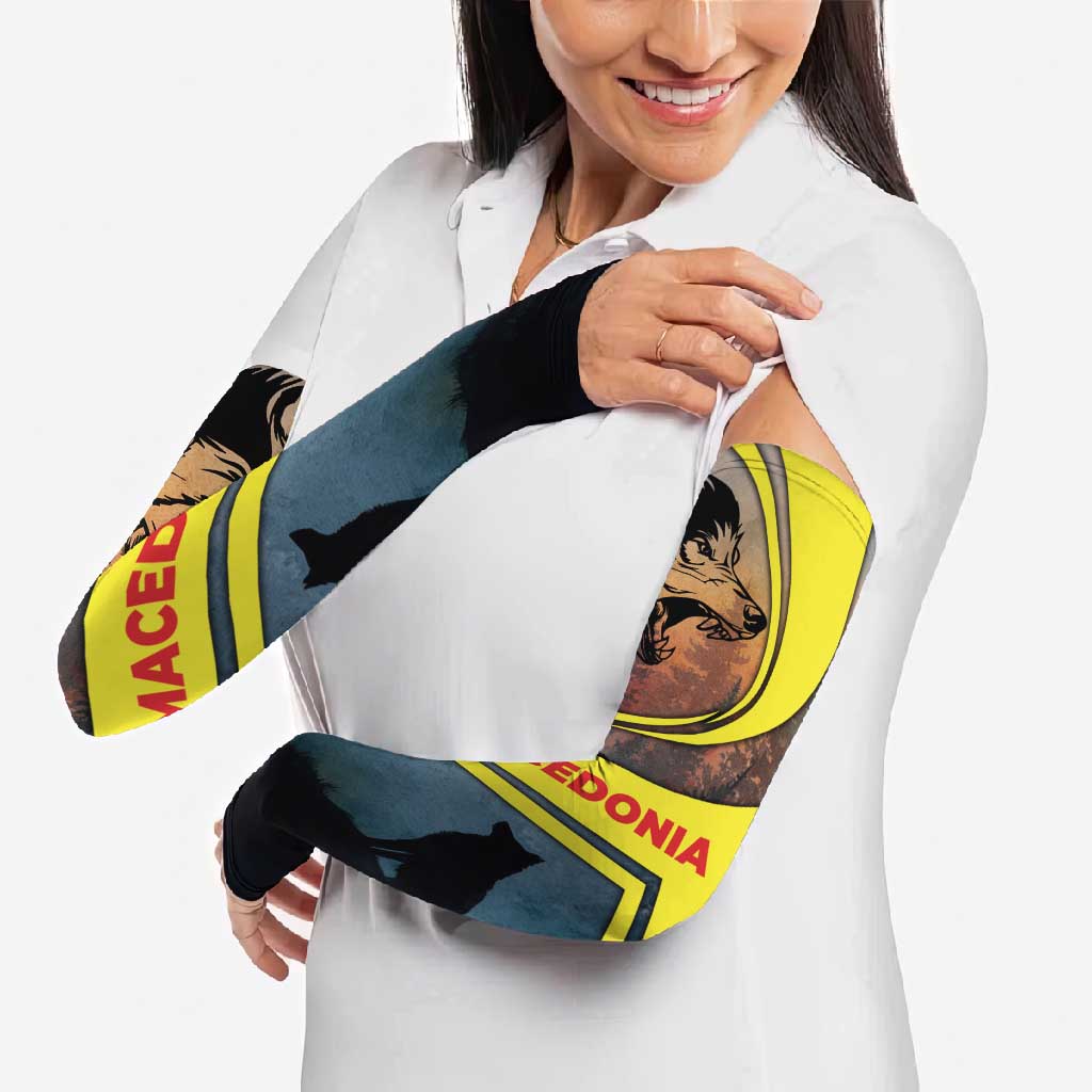 Macedonia Arm Sleeves with Forest Wolf and Sunset Silhouette Design - Wonder Print Shop