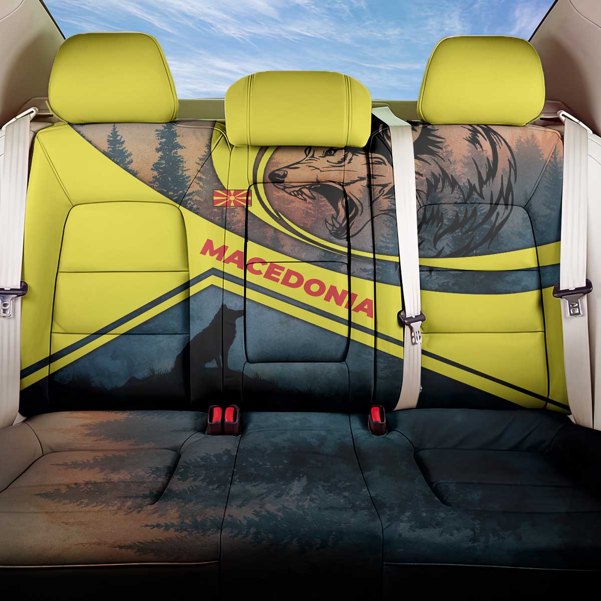 Macedonia Back Car Seat Cover with Forest Wolf and Sunset Silhouette Design - Wonder Print Shop