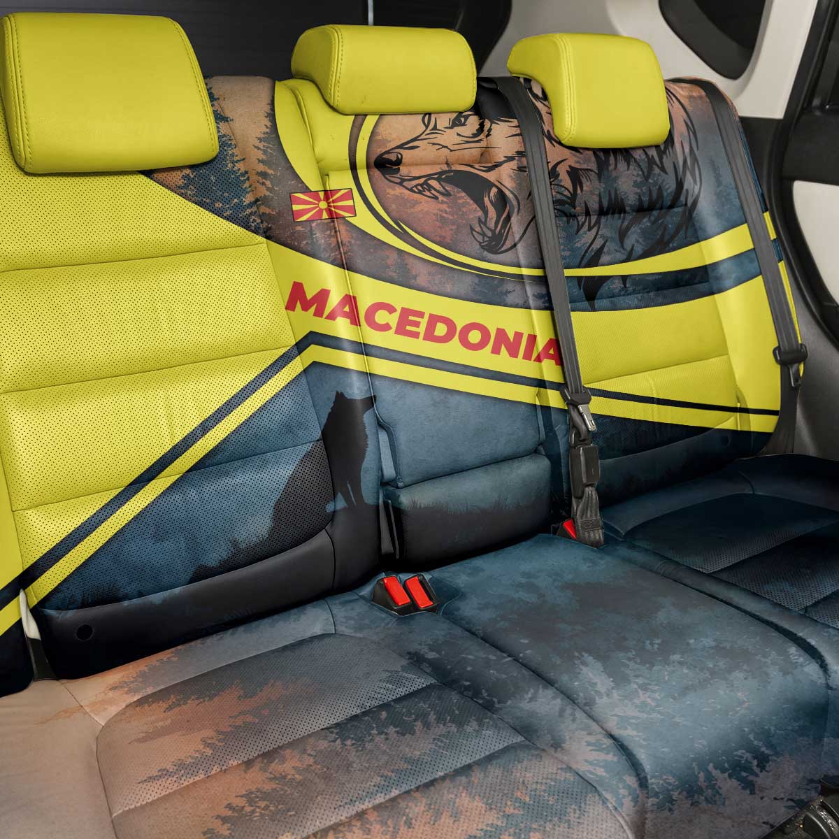 Macedonia Back Car Seat Cover with Forest Wolf and Sunset Silhouette Design - Wonder Print Shop
