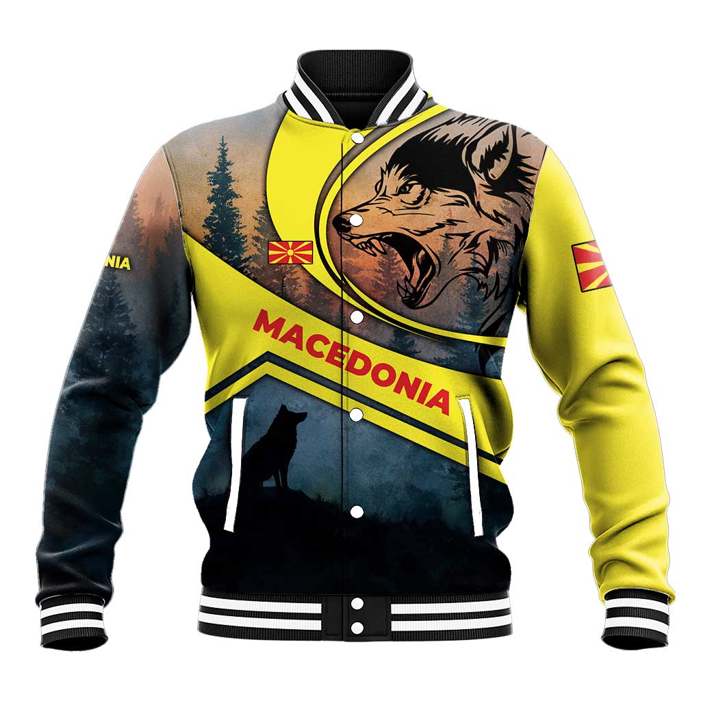 Macedonia Baseball Jacket with Forest Wolf and Sunset Silhouette Design - Wonder Print Shop