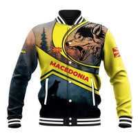 Macedonia Baseball Jacket with Forest Wolf and Sunset Silhouette Design - Wonder Print Shop
