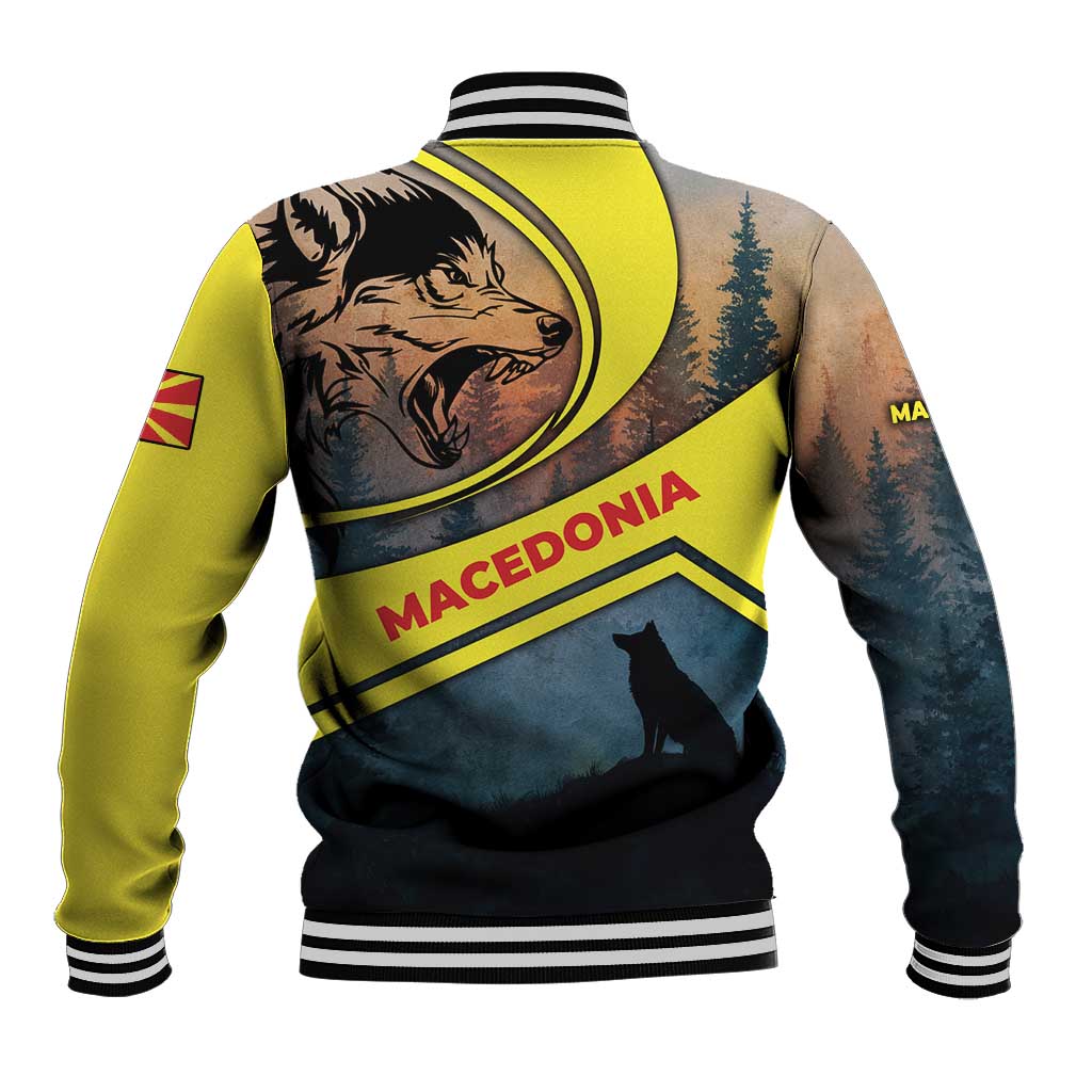 Macedonia Baseball Jacket with Forest Wolf and Sunset Silhouette Design - Wonder Print Shop