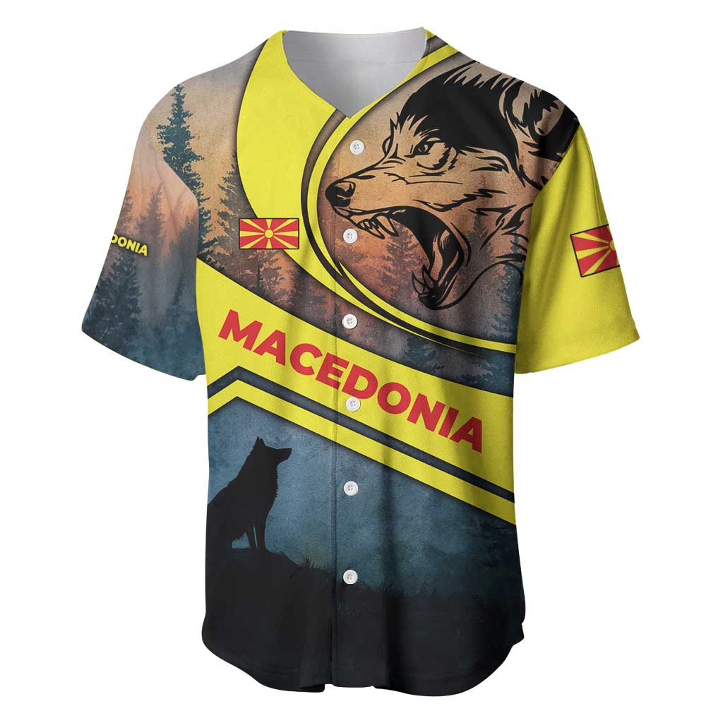 Macedonia Baseball Jersey with Forest Wolf and Sunset Silhouette Design - Wonder Print Shop