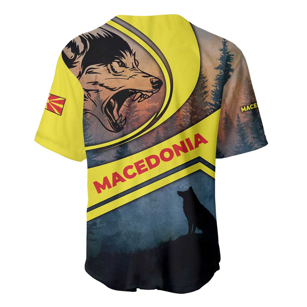 Macedonia Baseball Jersey with Forest Wolf and Sunset Silhouette Design - Wonder Print Shop