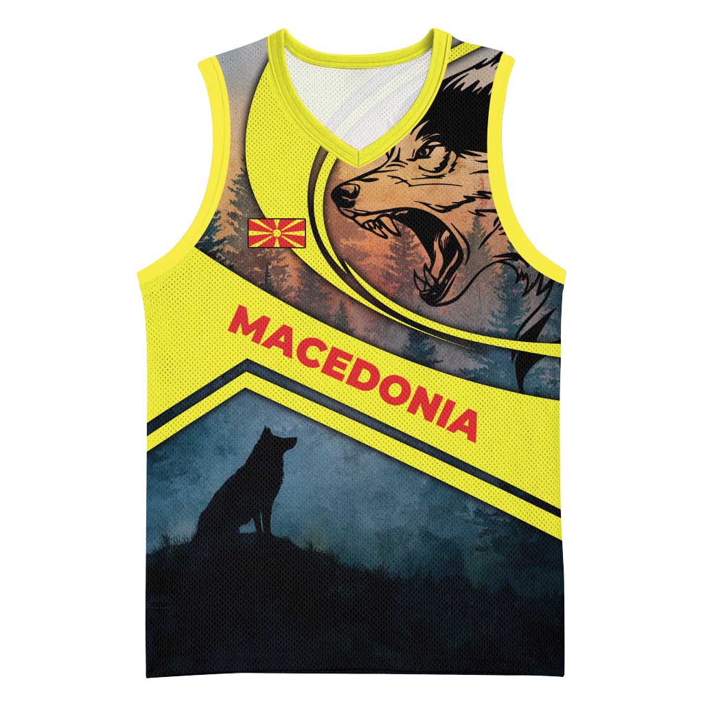 Macedonia Basketball Jersey with Forest Wolf and Sunset Silhouette Design - Wonder Print Shop