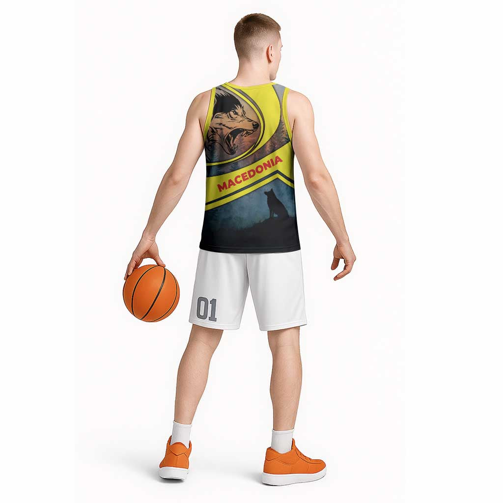 Macedonia Basketball Jersey with Forest Wolf and Sunset Silhouette Design - Wonder Print Shop