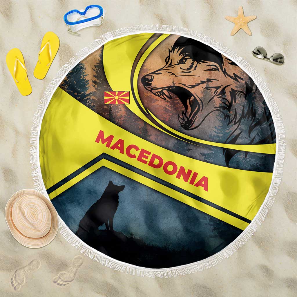 Macedonia Beach Blanket with Forest Wolf and Sunset Silhouette Design - Wonder Print Shop