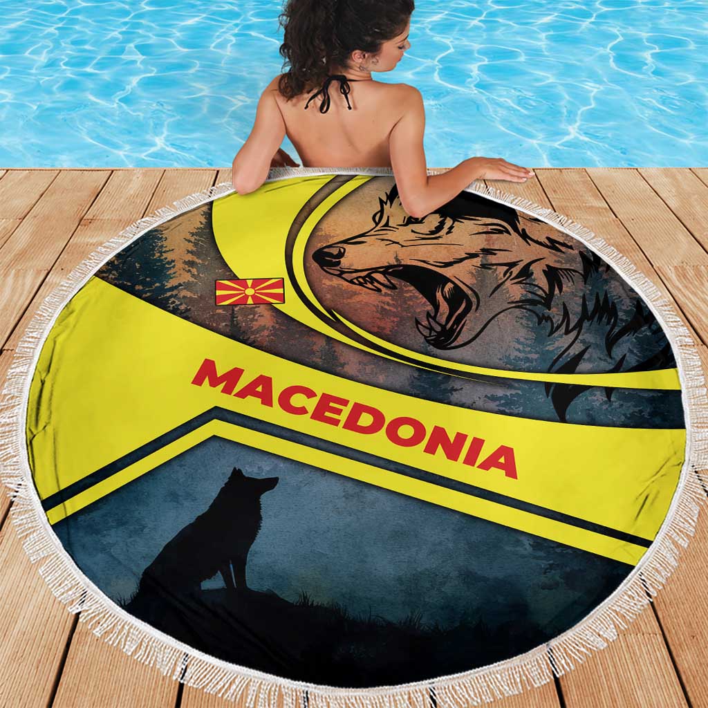Macedonia Beach Blanket with Forest Wolf and Sunset Silhouette Design - Wonder Print Shop