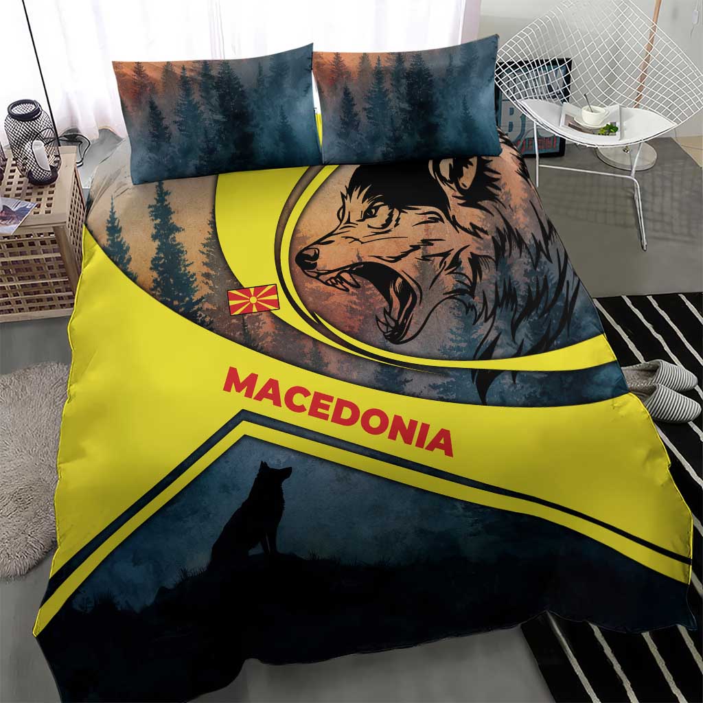 Macedonia Bedding Set with Forest Wolf and Sunset Silhouette Design - Wonder Print Shop