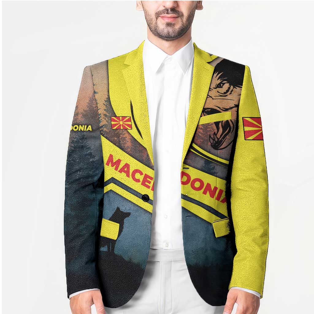 Macedonia Blazer with Forest Wolf and Sunset Silhouette Design - Wonder Print Shop