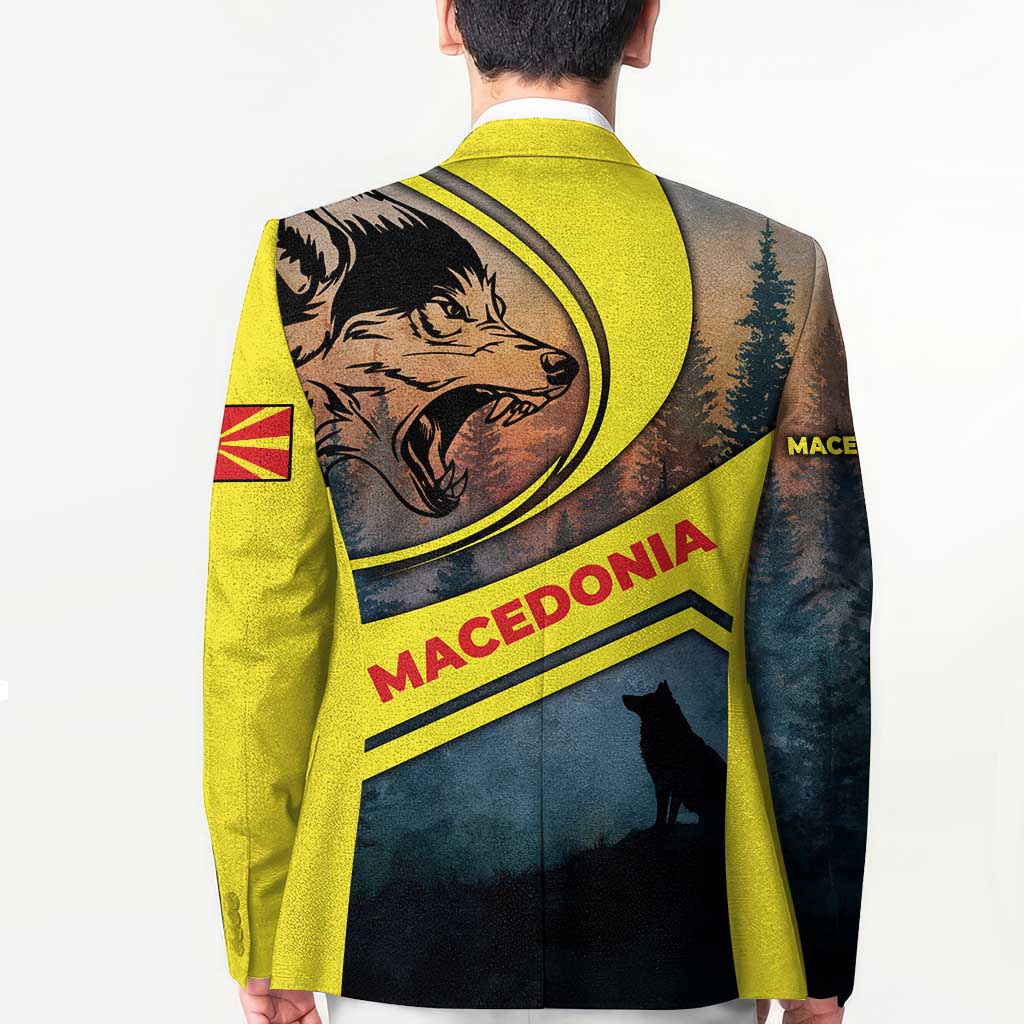 Macedonia Blazer with Forest Wolf and Sunset Silhouette Design - Wonder Print Shop