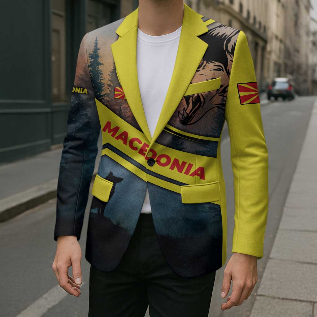 Macedonia Blazer with Forest Wolf and Sunset Silhouette Design - Wonder Print Shop