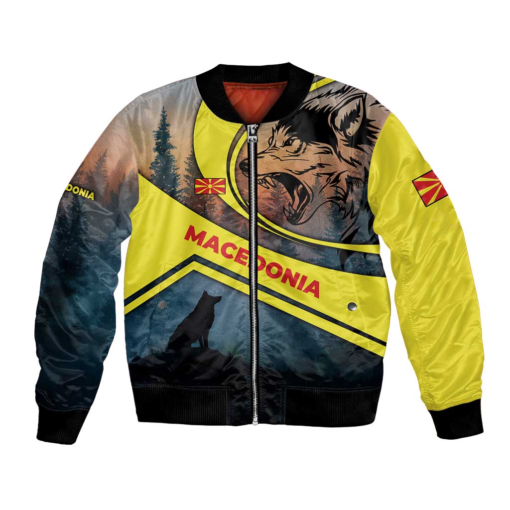 Macedonia Bomber Jacket with Forest Wolf and Sunset Silhouette Design - Wonder Print Shop