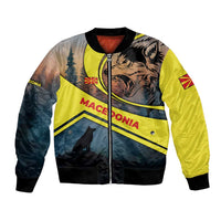 Macedonia Bomber Jacket with Forest Wolf and Sunset Silhouette Design - Wonder Print Shop
