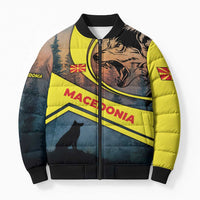 Macedonia Bomber Puffer Jacket with Forest Wolf and Sunset Silhouette Design - Wonder Print Shop