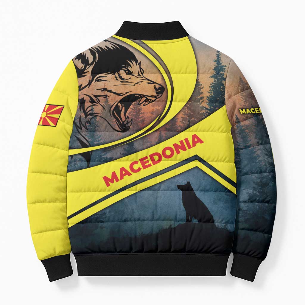 Macedonia Bomber Puffer Jacket with Forest Wolf and Sunset Silhouette Design - Wonder Print Shop