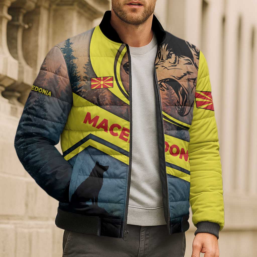 Macedonia Bomber Puffer Jacket with Forest Wolf and Sunset Silhouette Design - Wonder Print Shop