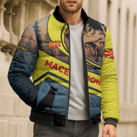 Macedonia Bomber Puffer Jacket with Forest Wolf and Sunset Silhouette Design - Wonder Print Shop