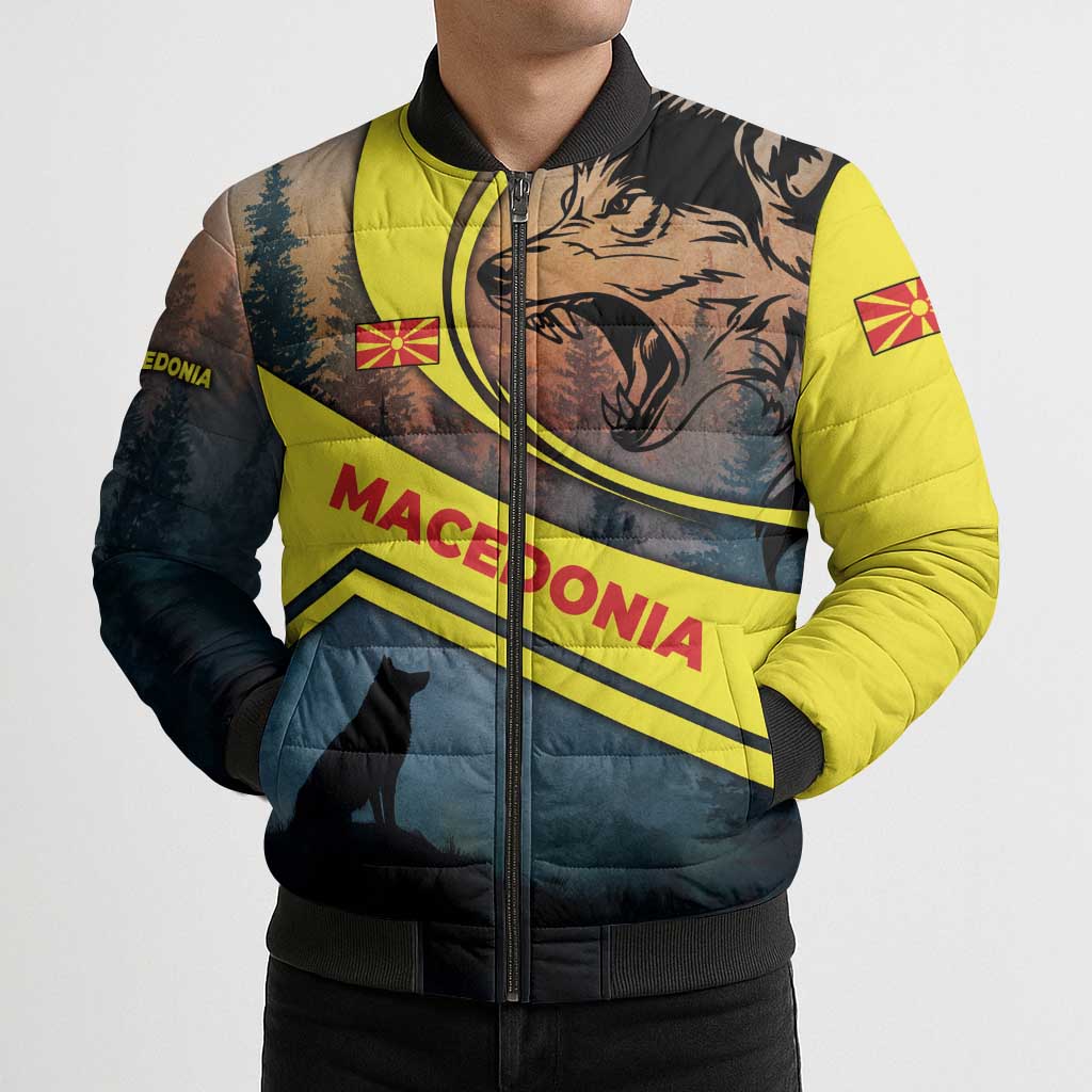 Macedonia Bomber Puffer Jacket with Forest Wolf and Sunset Silhouette Design - Wonder Print Shop