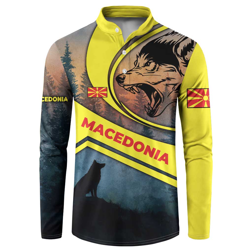 Macedonia Button Sweatshirt with Forest Wolf and Sunset Silhouette Design - Wonder Print Shop