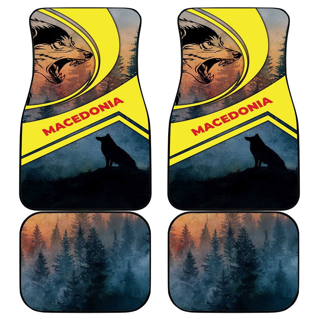 Macedonia Car Mats with Forest Wolf and Sunset Silhouette Design - Wonder Print Shop