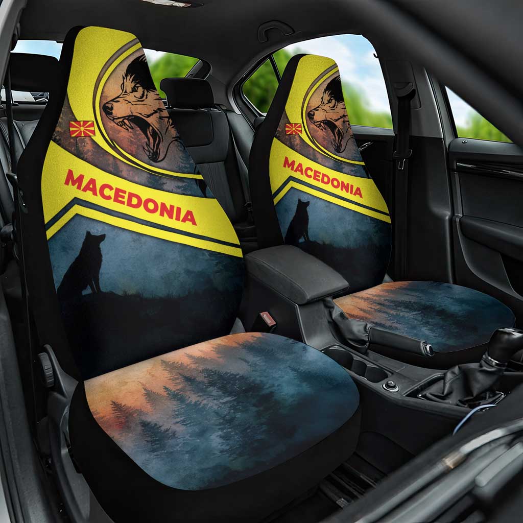 Macedonia Car Seat Cover with Forest Wolf and Sunset Silhouette Design - Wonder Print Shop