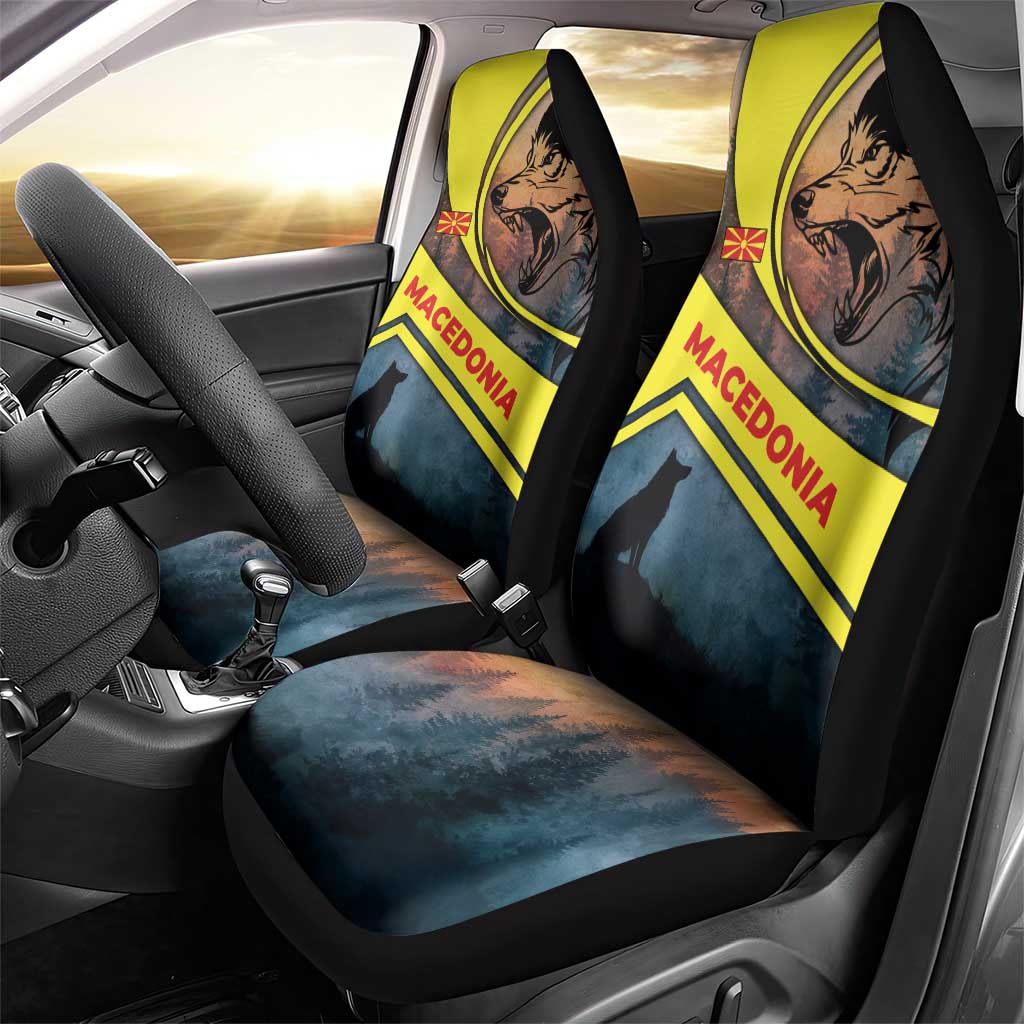 Macedonia Car Seat Cover with Forest Wolf and Sunset Silhouette Design - Wonder Print Shop