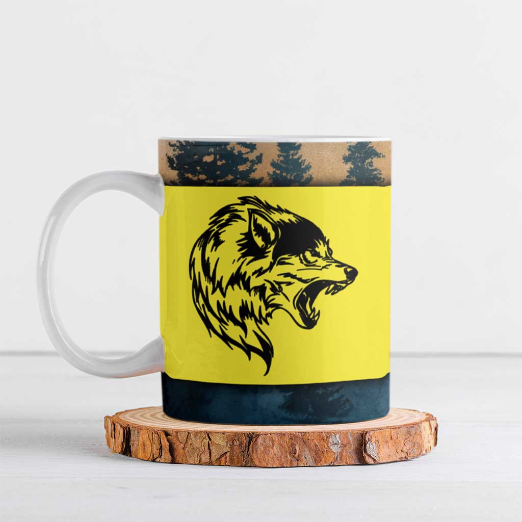Macedonia Ceramic Mug with Forest Wolf and Sunset Silhouette Design - Wonder Print Shop