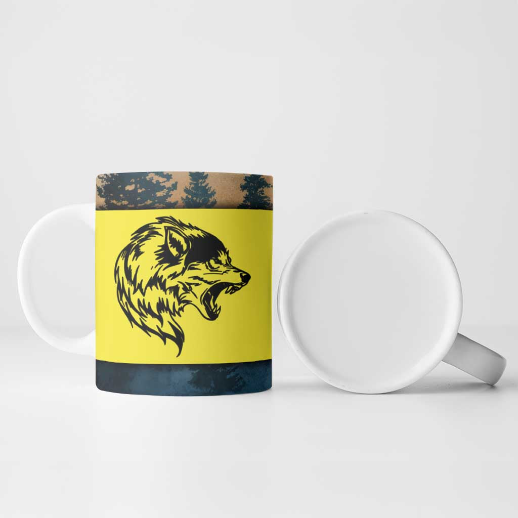 Macedonia Ceramic Mug with Forest Wolf and Sunset Silhouette Design - Wonder Print Shop