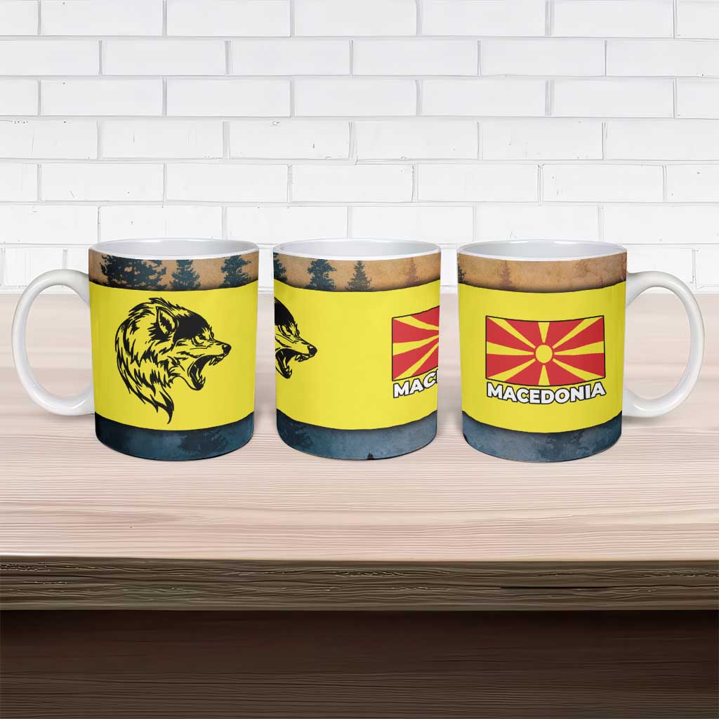 Macedonia Ceramic Mug with Forest Wolf and Sunset Silhouette Design - Wonder Print Shop