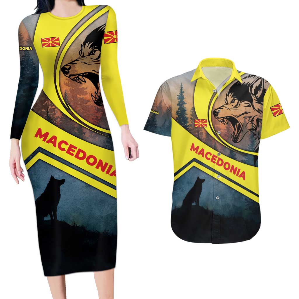 Macedonia Couples Matching Long Sleeve Bodycon Dress and Hawaiian Shirt with Forest Wolf and Sunset Silhouette Design - Wonder Print Shop