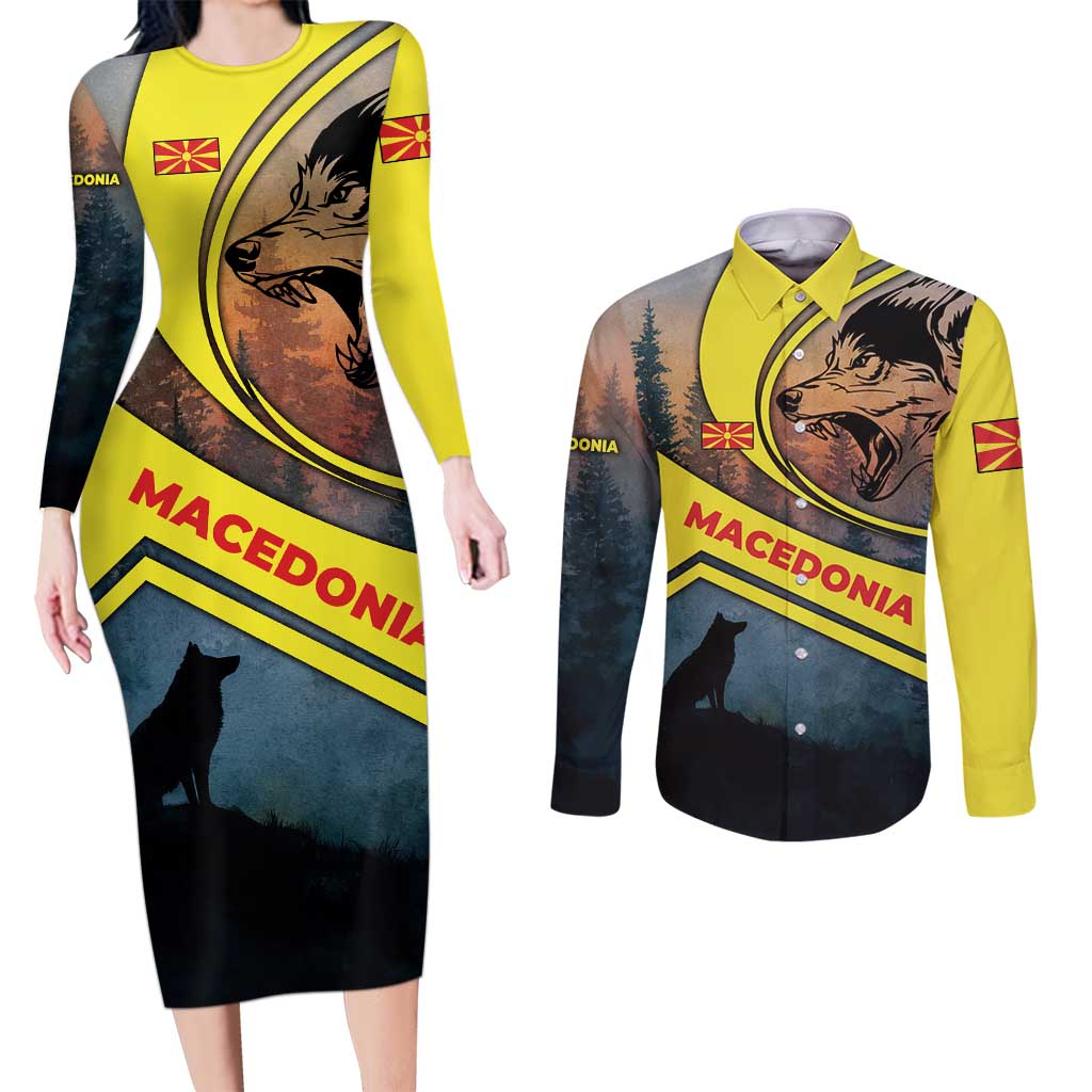 Macedonia Couples Matching Long Sleeve Bodycon Dress and Long Sleeve Button Shirt with Forest Wolf and Sunset Silhouette Design - Wonder Print Shop